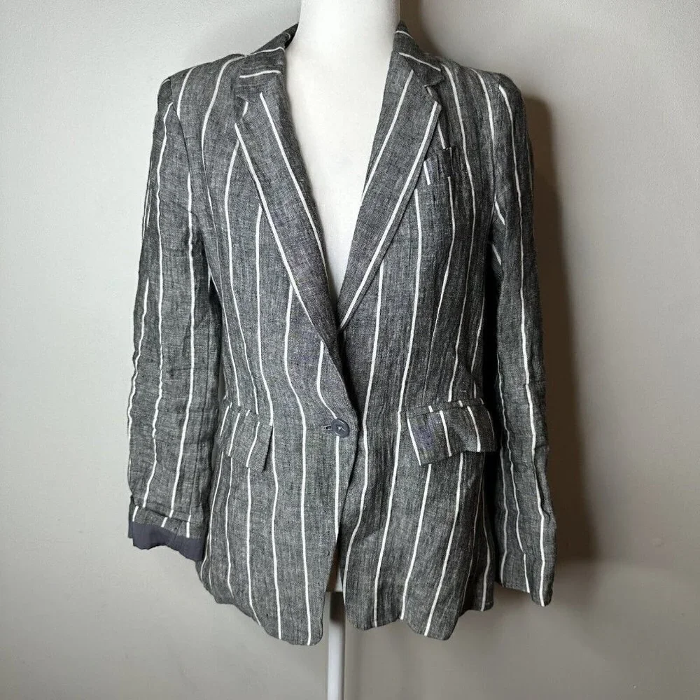 Olivaceous‎ Women's Linen Blend Blazer Jacket Career Size S Gray White Striped